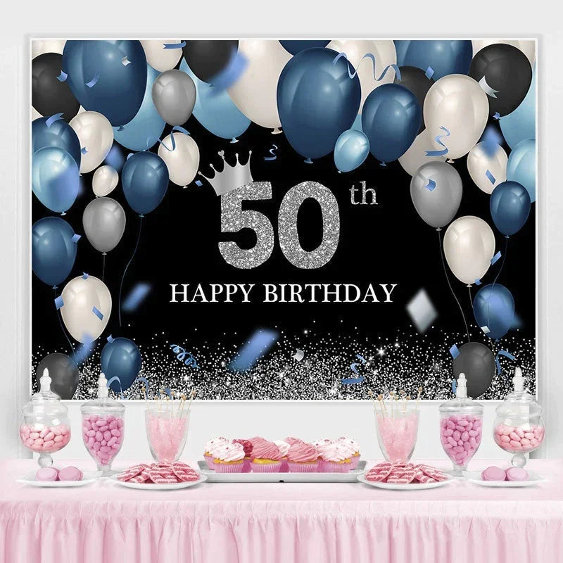 Aperturee - Blue Balloon Black Sparkle 50th Birthday Backdrop