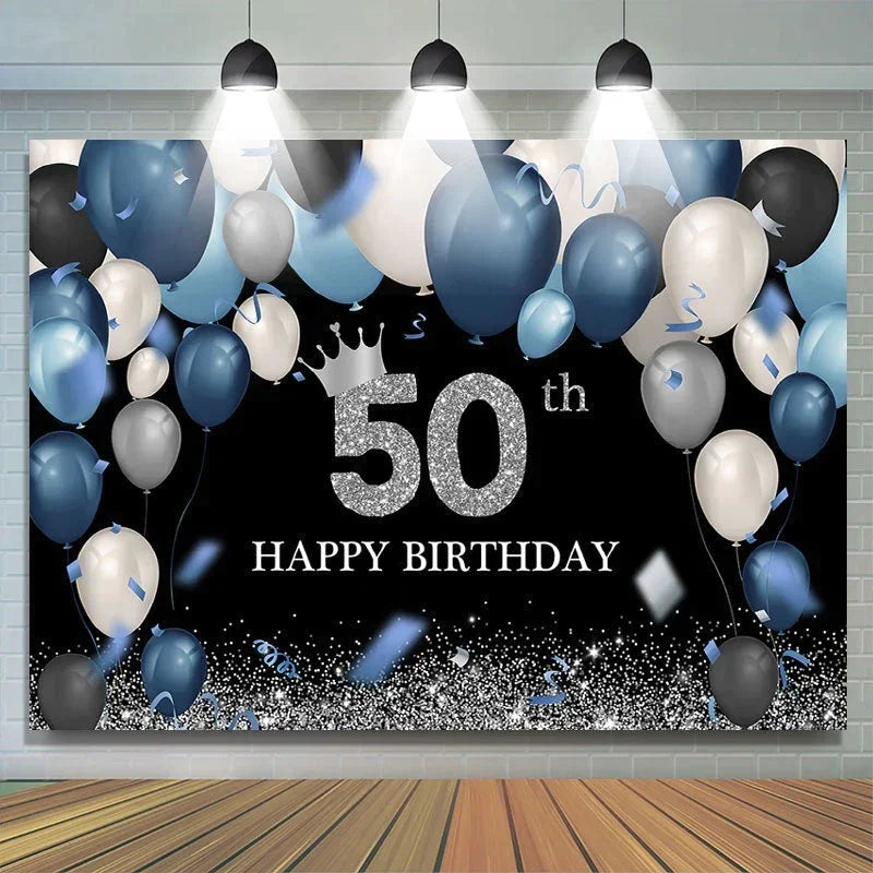 Aperturee - Blue Balloon Black Sparkle 50th Birthday Backdrop