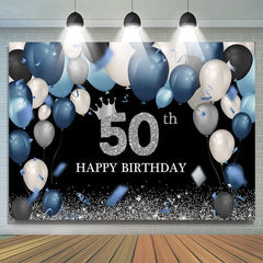 Aperturee - Blue Balloon Black Sparkle 50th Birthday Backdrop