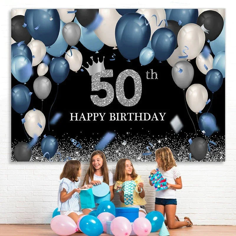 Aperturee - Blue Balloon Black Sparkle 50th Birthday Backdrop