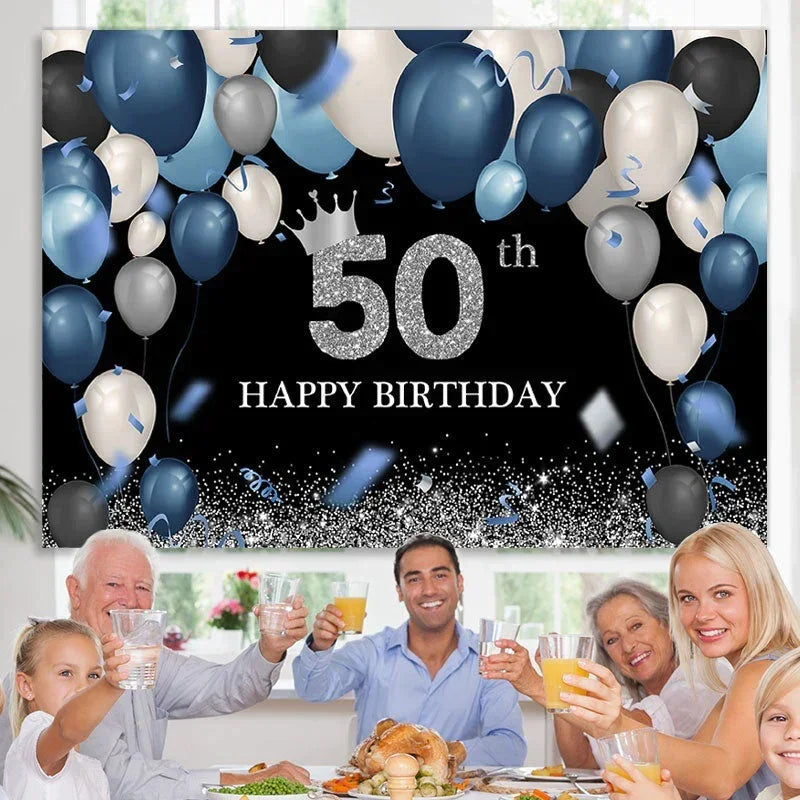 Aperturee - Blue Balloon Black Sparkle 50th Birthday Backdrop