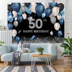 Aperturee - Blue Balloon Black Sparkle 50th Birthday Backdrop