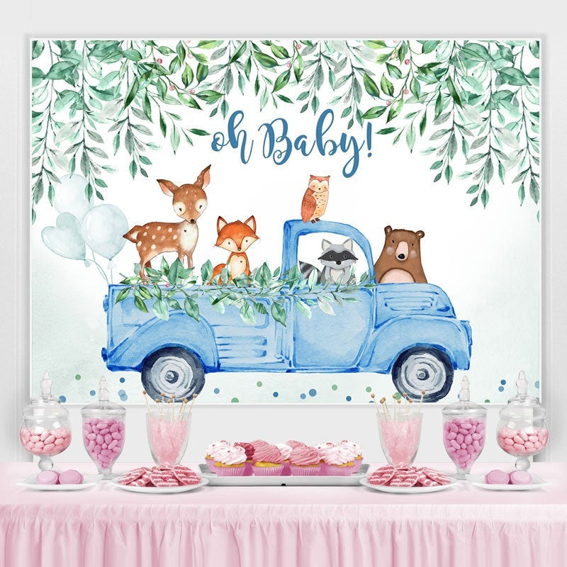 Aperturee - Oh Baby Blue Car Animals Boy Gender Reveal Backdrop