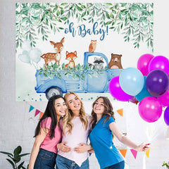 Aperturee - Oh Baby Blue Car Animals Boy Gender Reveal Backdrop