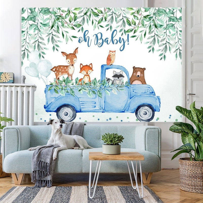 Aperturee - Oh Baby Blue Car Animals Boy Gender Reveal Backdrop