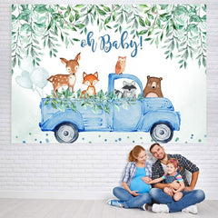 Aperturee - Oh Baby Blue Car Animals Boy Gender Reveal Backdrop