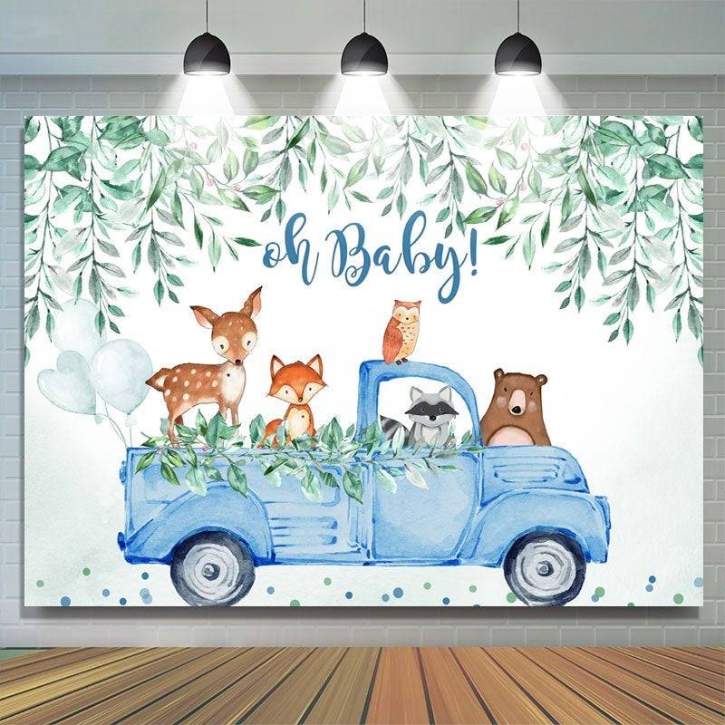 Aperturee - Oh Baby Blue Car Animals Boy Gender Reveal Backdrop