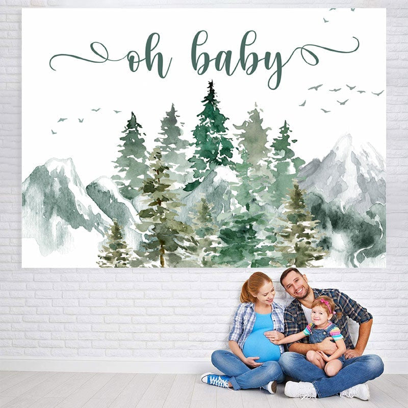 Aperturee - Oh Baby Mountain Pine Tree Gender Reveal Backdrop