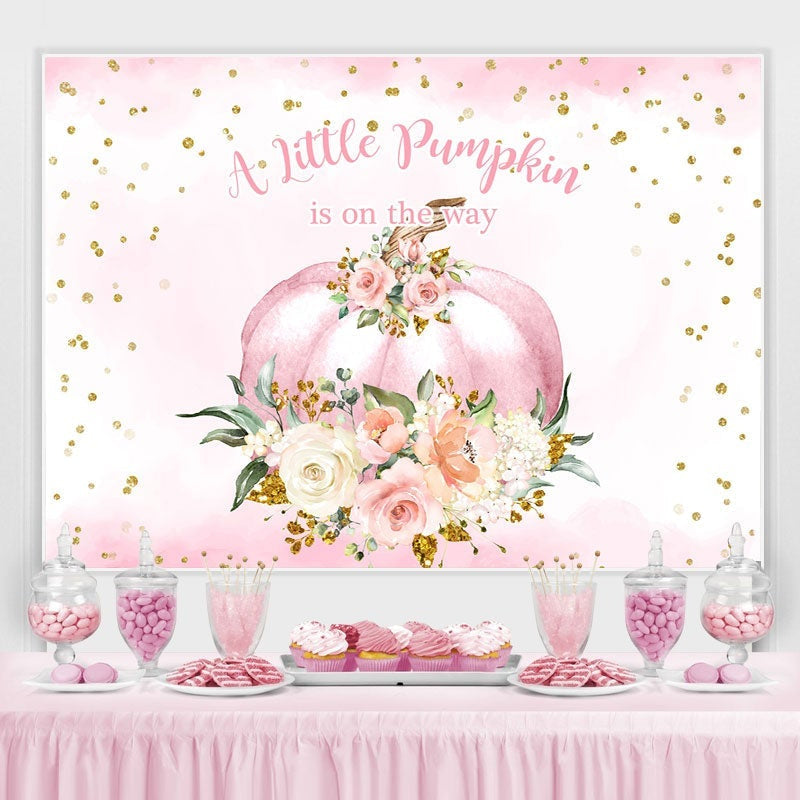 Aperturee - Pink flowers pumpkin baby shower Backdrop for girl