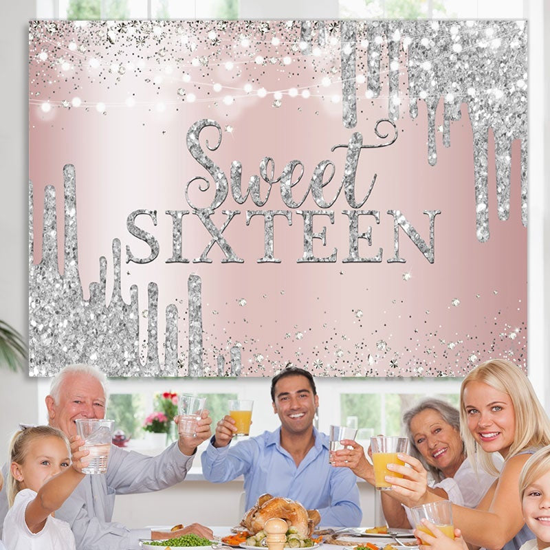 Aperturee - Sweet Sixteen Rose Gold Silver 16th Birthday Backdrop