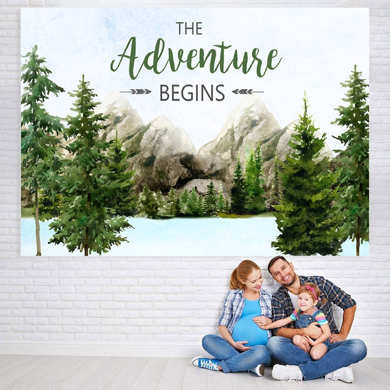 Aperturee - The Adventure Begins Mountain Baby Shower Backdrop