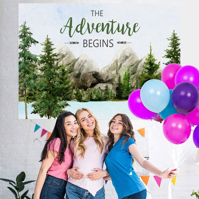 Aperturee - The Adventure Begins Mountain Baby Shower Backdrop