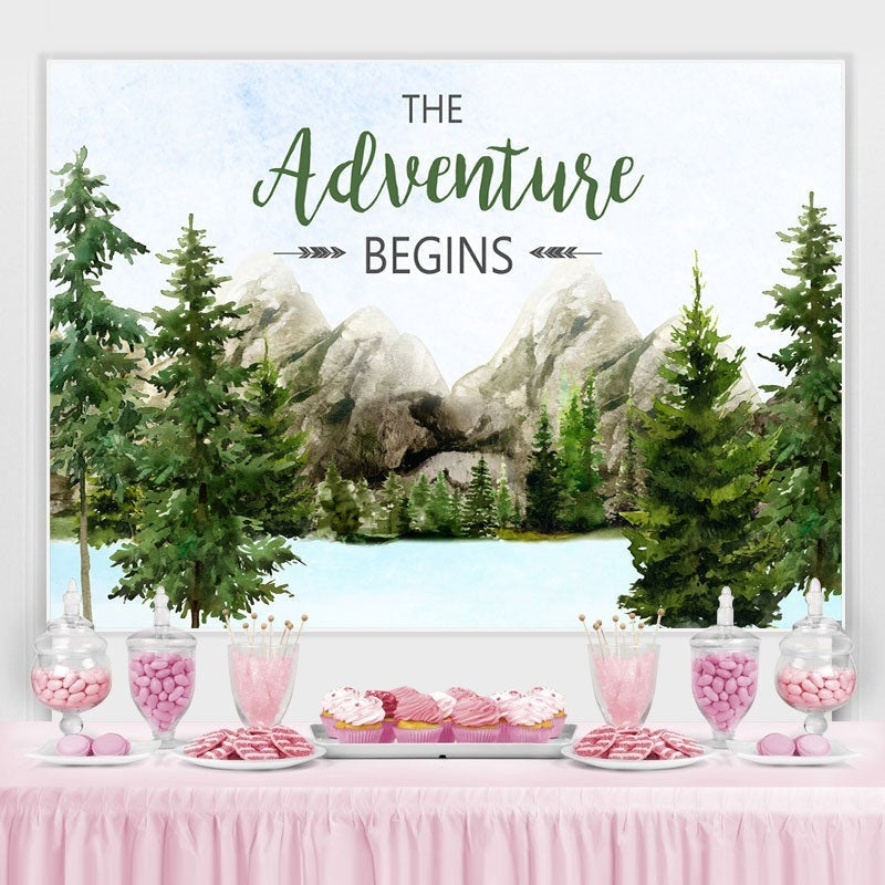 Aperturee - The Adventure Begins Mountain Baby Shower Backdrop