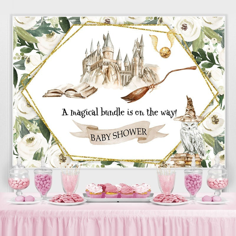 Aperturee - White Floral Hogwarts Castle Baby Shower Backdrop