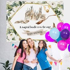 Aperturee - White Floral Hogwarts Castle Baby Shower Backdrop