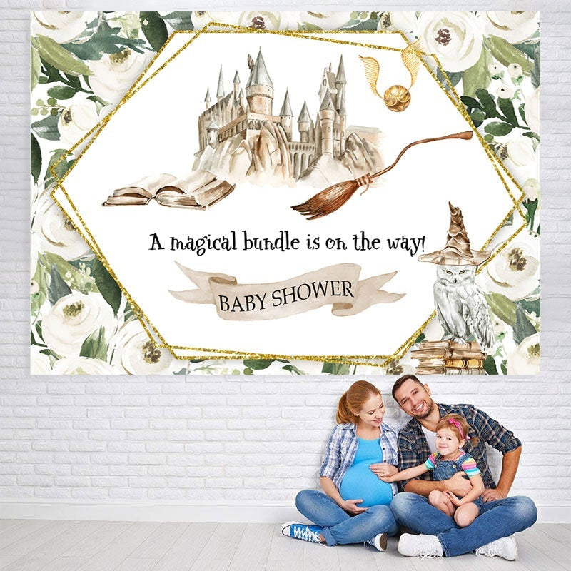 Aperturee - White Floral Hogwarts Castle Baby Shower Backdrop