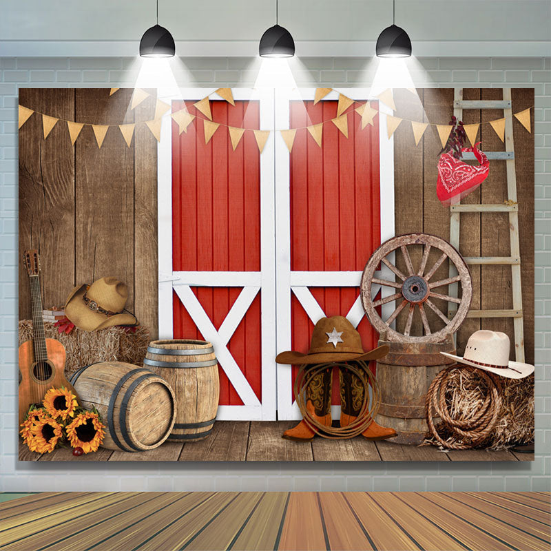 Aperturee - Wooden Red gate cowboy theme sunflower backdrop for boy