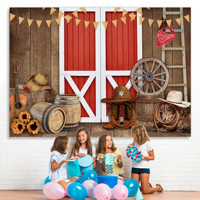 Aperturee - Wooden Red gate cowboy theme sunflower backdrop for boy