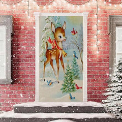 Aperturee - Sika Deer Birds Snowfield Christmas Tree Door Cover