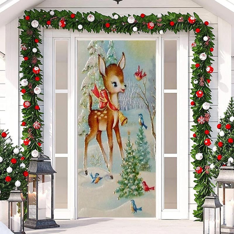 Aperturee - Sika Deer Birds Snowfield Christmas Tree Door Cover