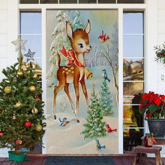 Aperturee - Sika Deer Birds Snowfield Christmas Tree Door Cover