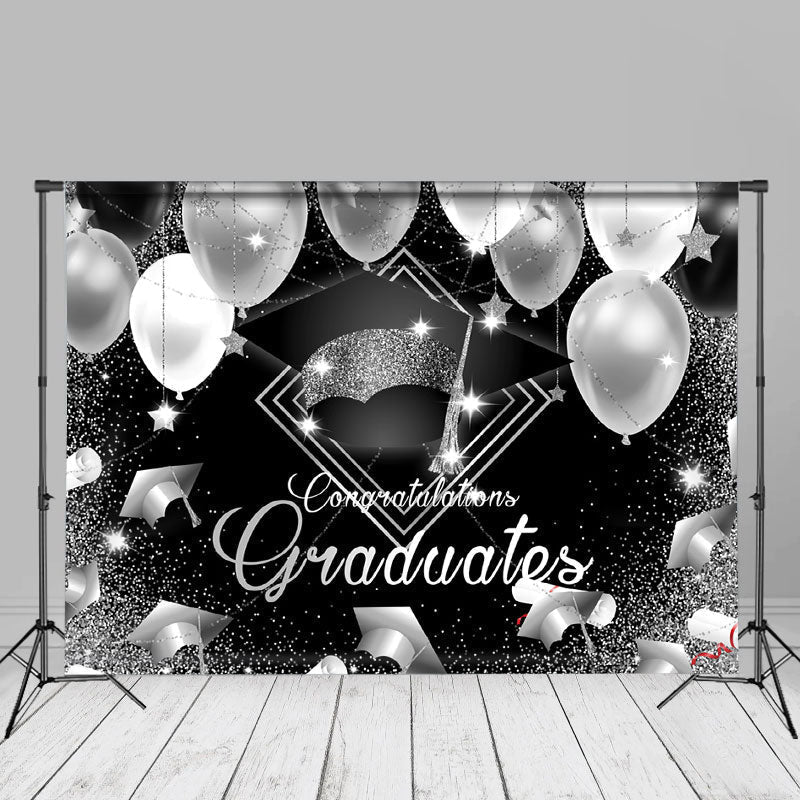 Aperturee - Silver And Black Balloons Congrats Graduate Backdrop