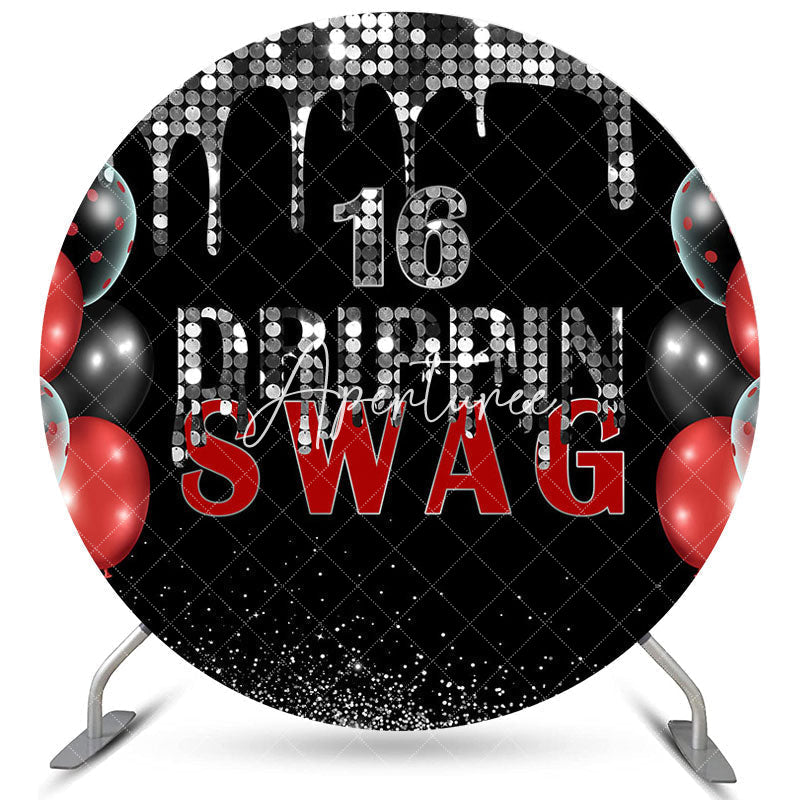 Aperturee Silver And Black Swag 16th Round Happy Birthday Backdrop