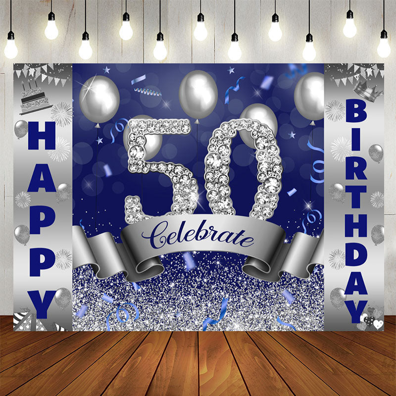 Aperturee - Silver And Blue Bokeh Glitter Happy 50th Birthday Backdrop