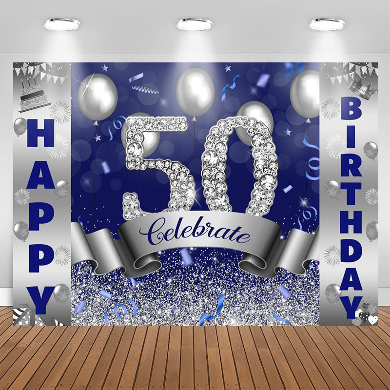 Aperturee - Silver And Blue Bokeh Glitter Happy 50th Birthday Backdrop