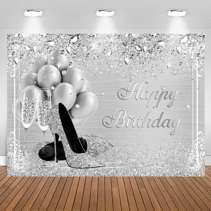 Aperturee - Silver And Glitter Balloon Happy Birthday Backdrop