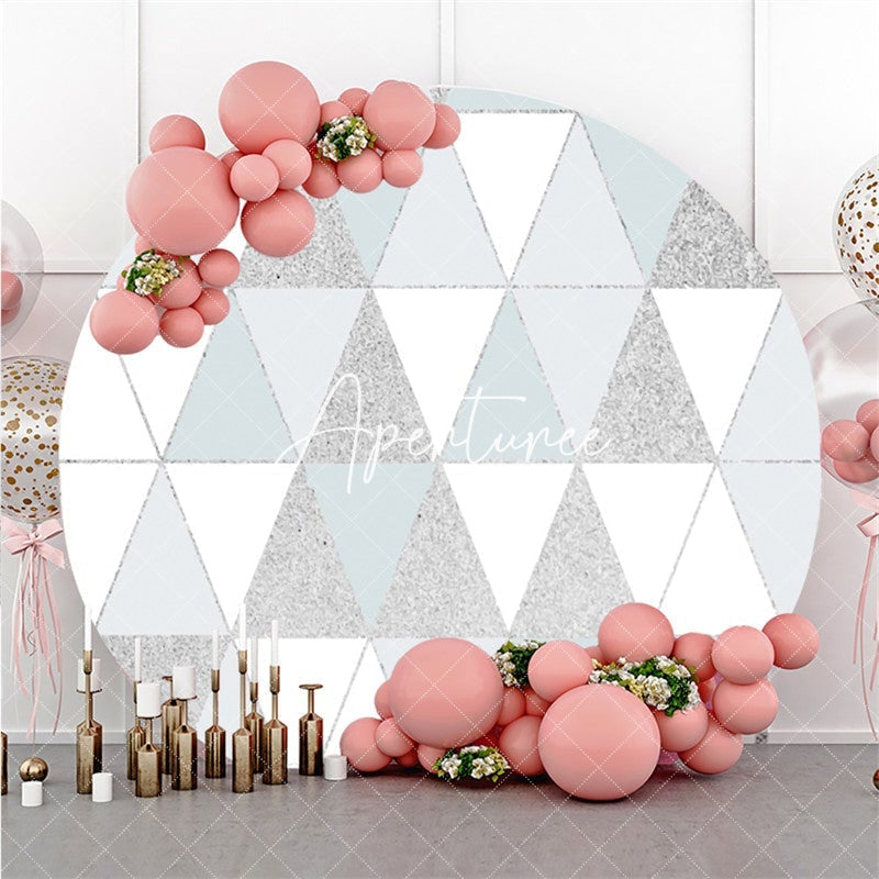 Aperturee Silver And White Triangle Happy Birthday Round Backdrop