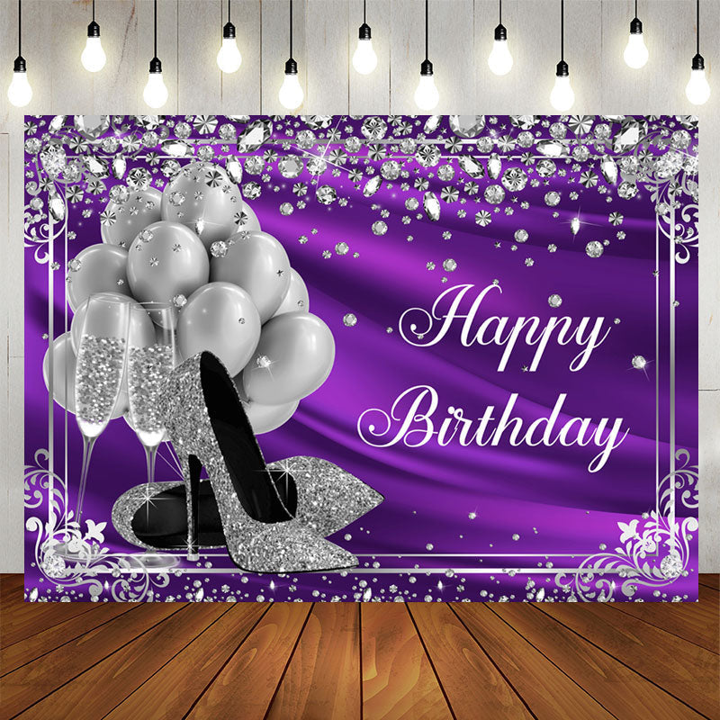 Aperturee - Silver Balloon and Diamonds Purple Birthday Backdrop