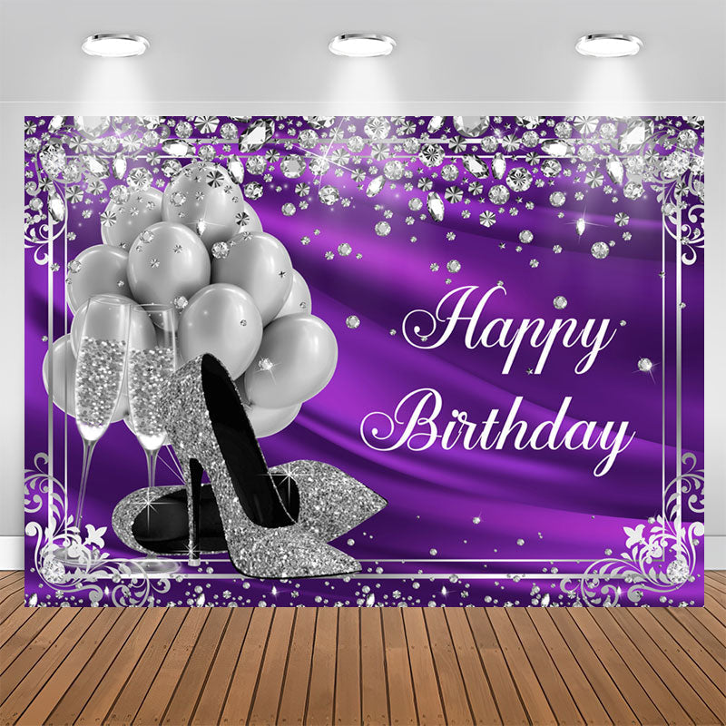 Aperturee - Silver Balloon and Diamonds Purple Birthday Backdrop