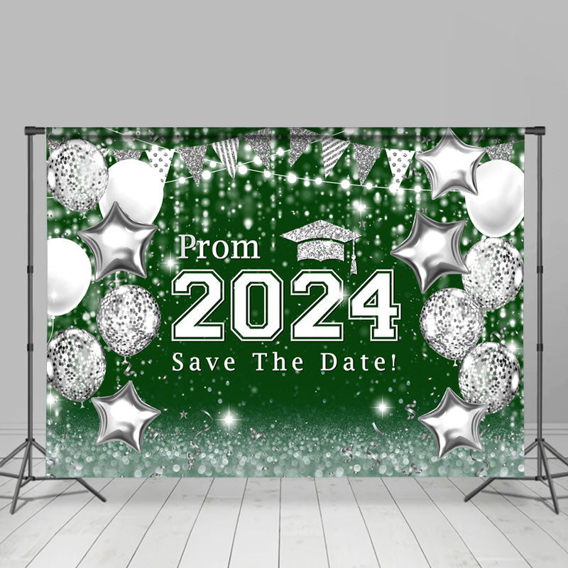 Aperturee - Silver Balloons Dark Green Bokeh Graduation Backdrop