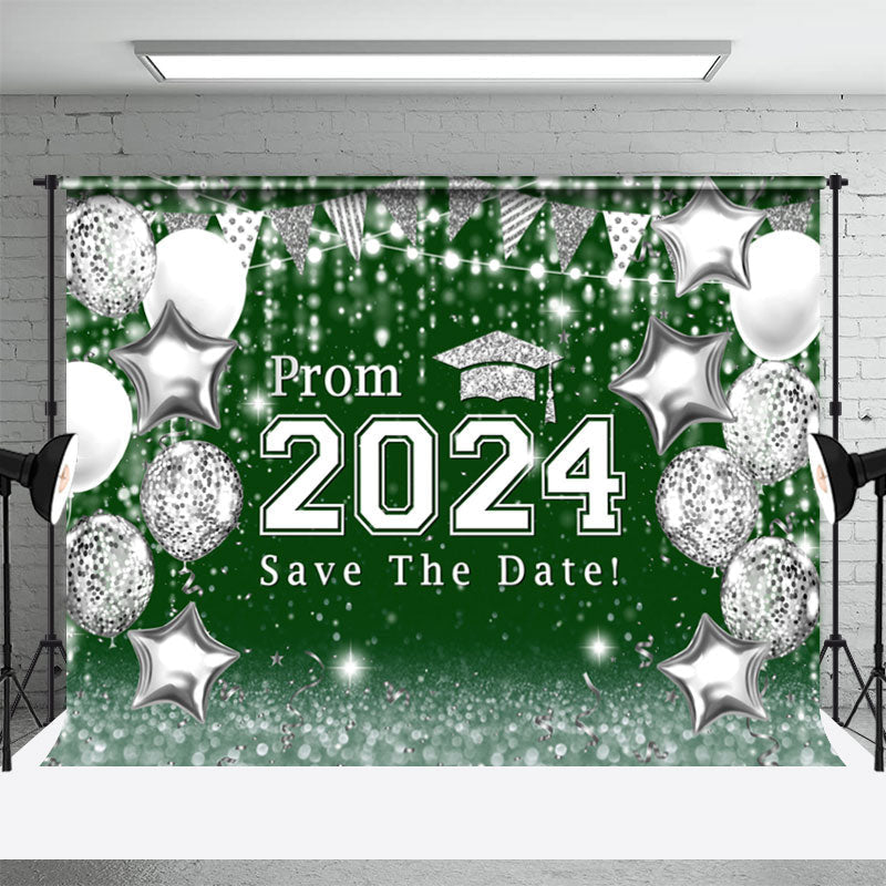 Aperturee - Silver Balloons Dark Green Bokeh Graduation Backdrop