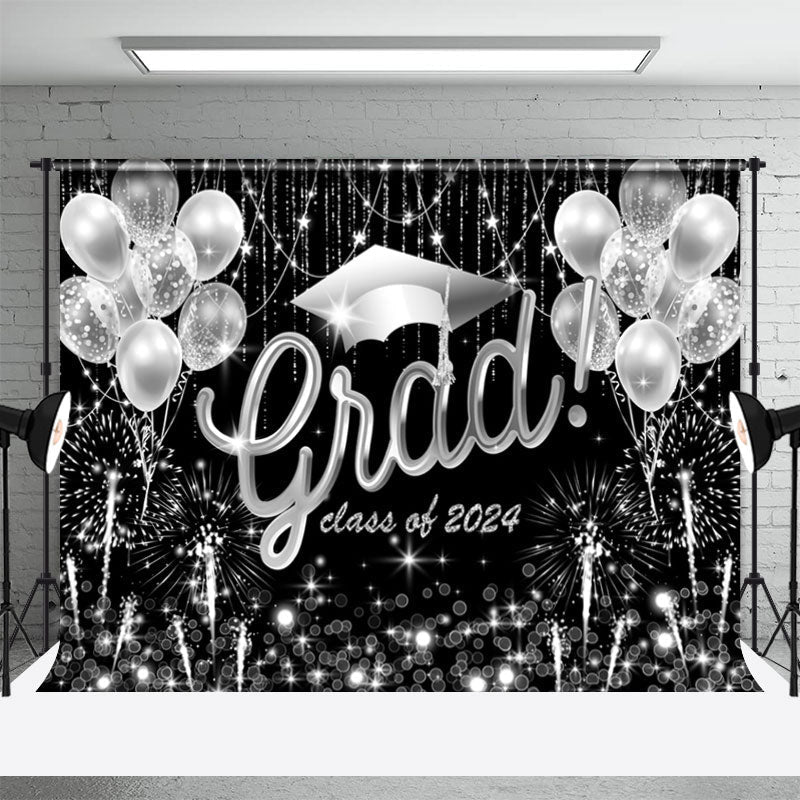 Aperturee - Silver Balloons Sparkle Black Graduation Backdrop