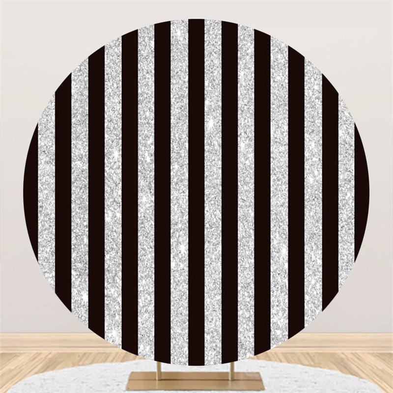 Aperturee Silver Black Stripe Theme Happy Birthday Round Backdrop