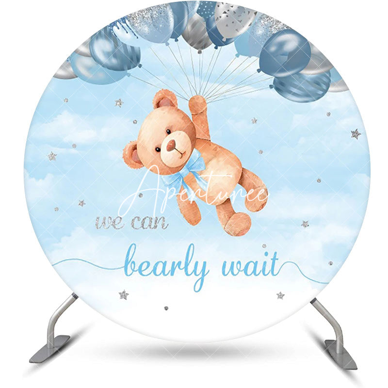 Aperturee - Silver Blue Balloon Bear Round Baby Shower Backdrop