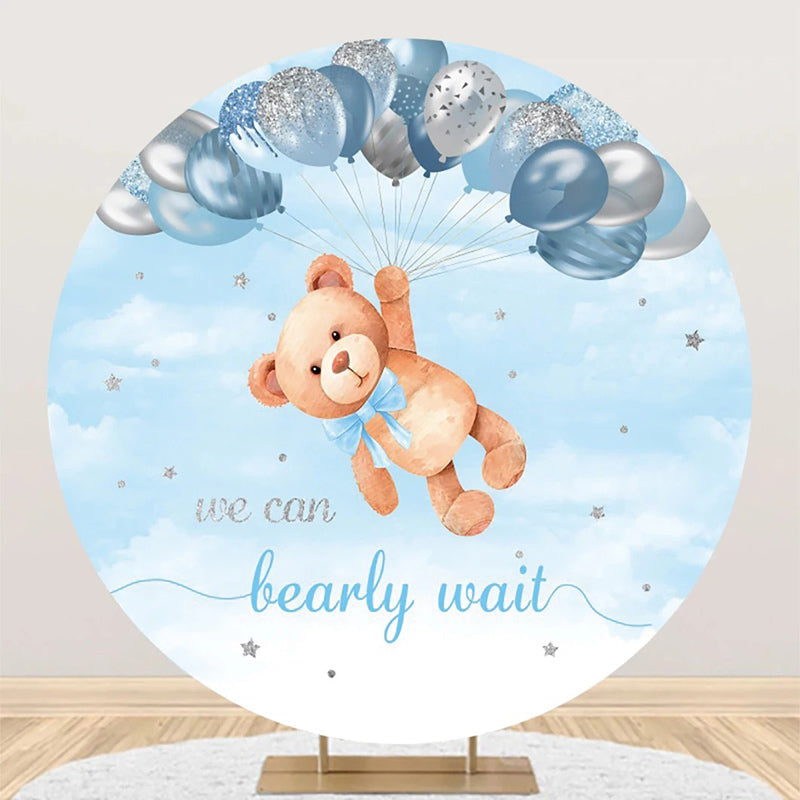 Aperturee - Silver Blue Balloon Bear Round Baby Shower Backdrop