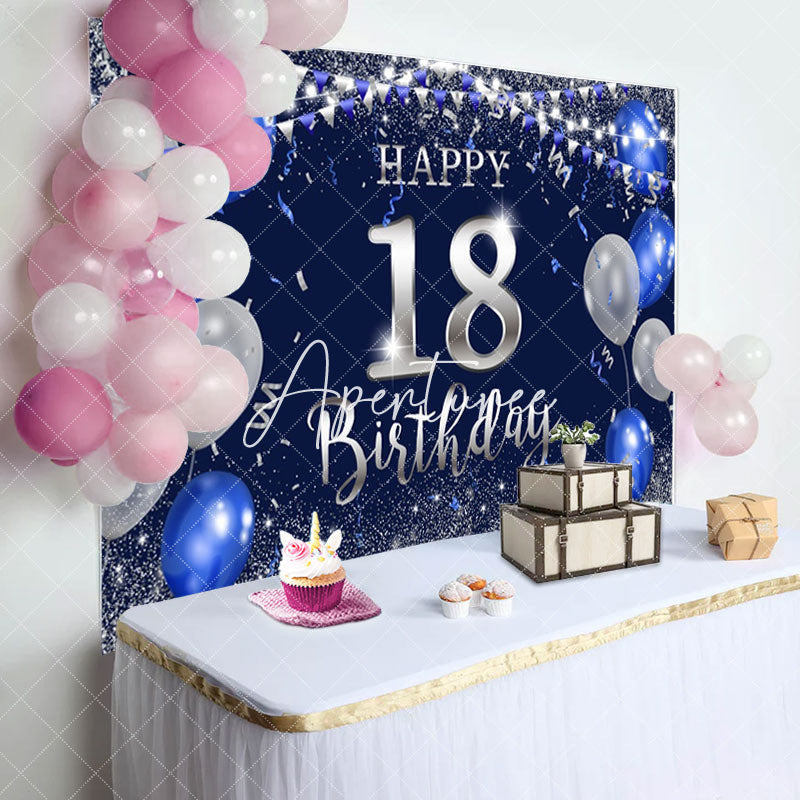 Aperturee - Silver Blue Balloon Glitter 18th Birthday Backdrop