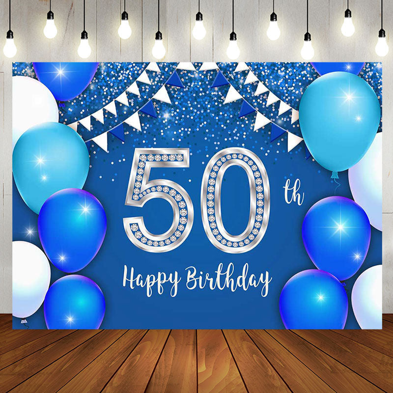 Aperturee - Silver Blue Balloons 50th Birthday Party Backdrop