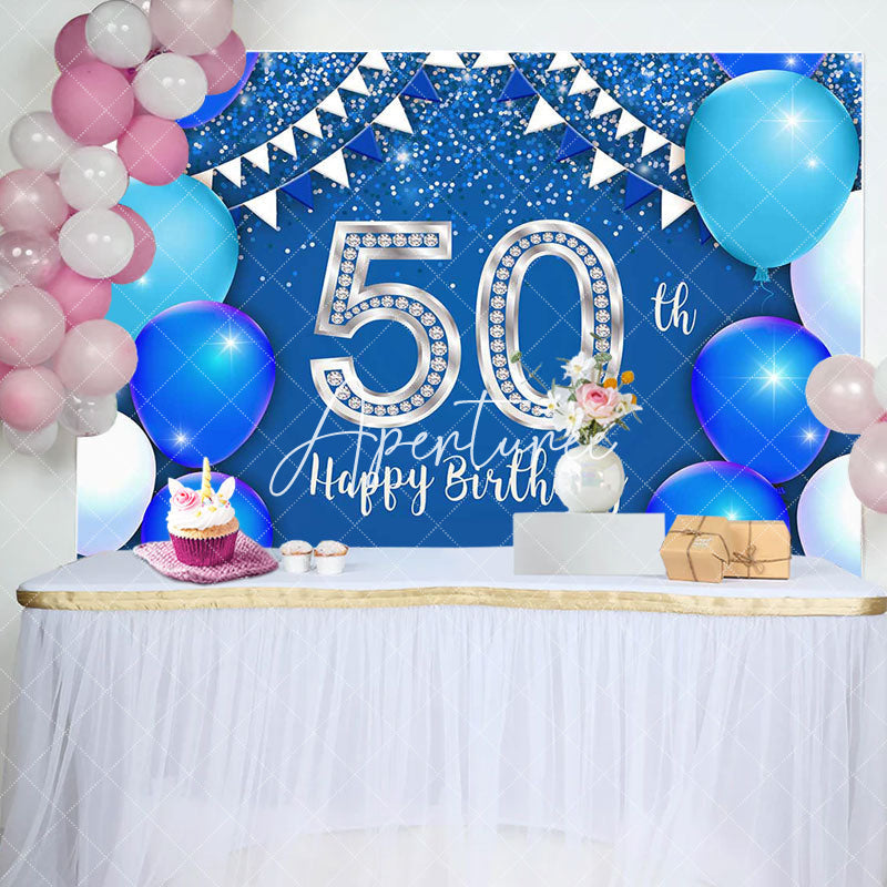 Aperturee - Silver Blue Balloons 50th Birthday Party Backdrop