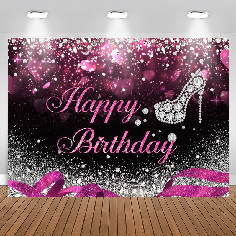 Aperturee - Silver Bokeh Glitter Diamond Hot Pink Birthday Backdrop