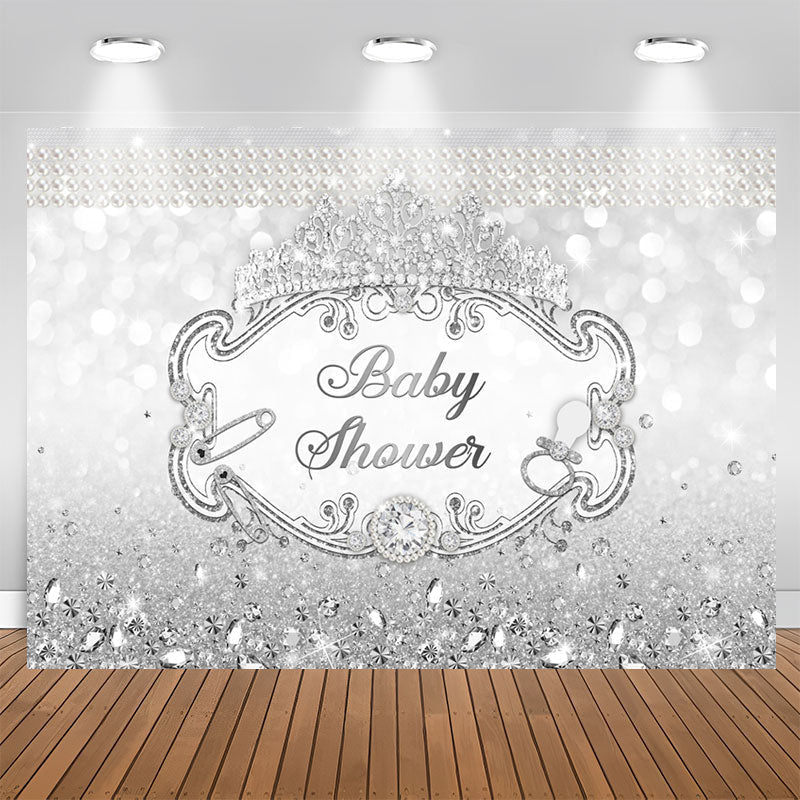 Aperturee - Silver Crown Diamond Pearl Glitter Baby Shower Backdrop