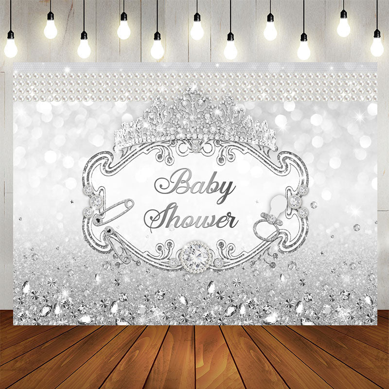 Aperturee - Silver Crown Diamond Pearl Glitter Baby Shower Backdrop