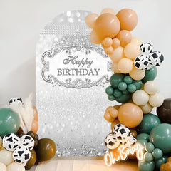 Aperturee - Silver Diamond Glitter Crown Happy Birthday Arch Backdrop