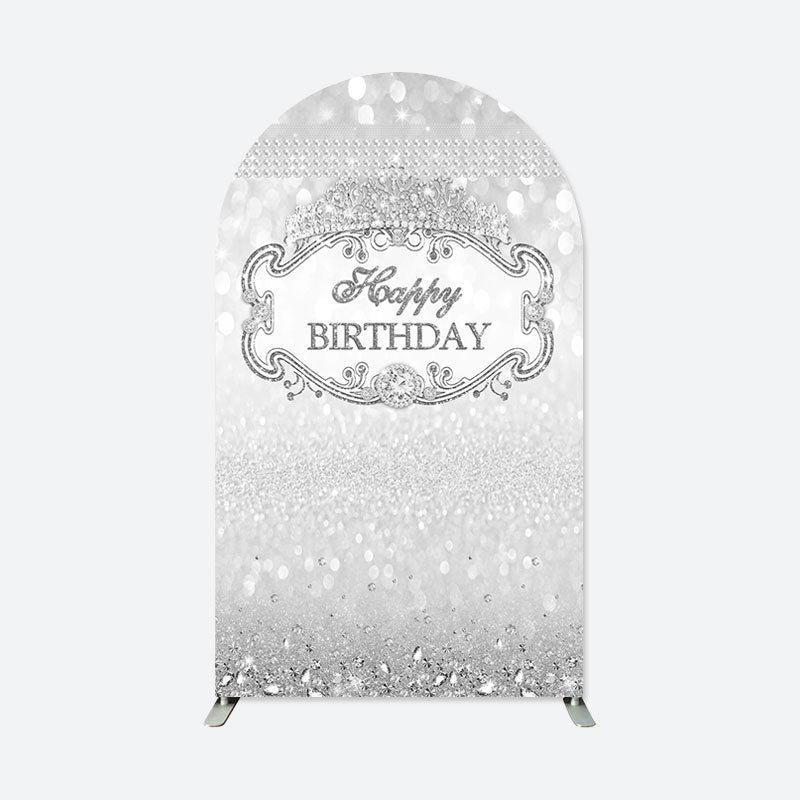 Aperturee - Silver Diamond Glitter Crown Happy Birthday Arch Backdrop