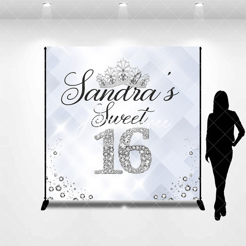 Aperturee - Silver Diamond Sweet 16 Custom Name Birthday Backdrop