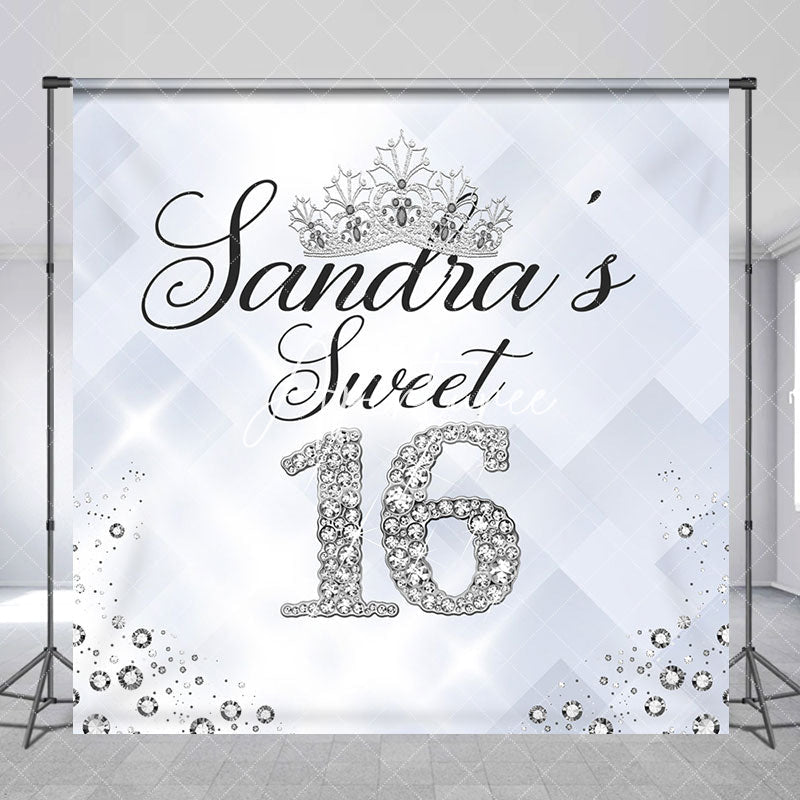 Aperturee - Silver Diamond Sweet 16 Custom Name Birthday Backdrop