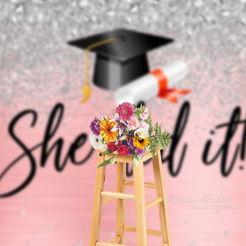 Aperturee - Silver Diamonds Pink She Did It Grad Photo Backdrop